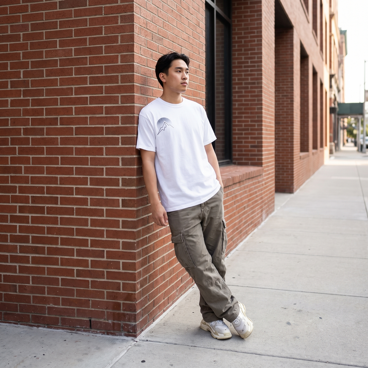 Mountain Moon T-Shirt worn leaning against a brick corner