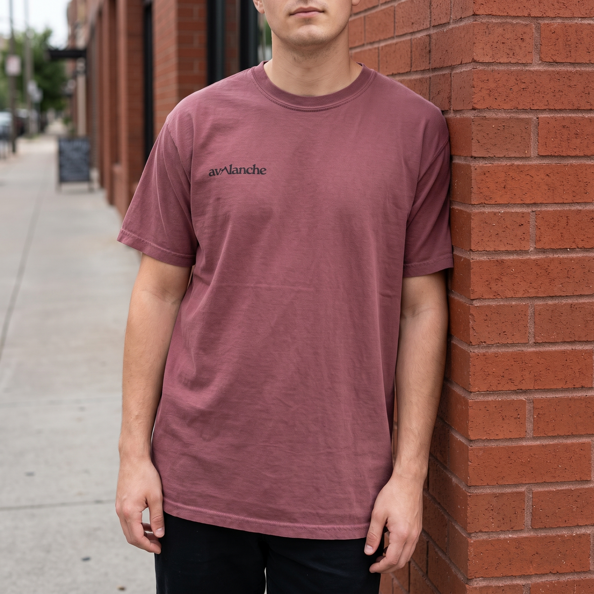 Avalanche Feather Logo T-Shirt front worn at a brick building corner
