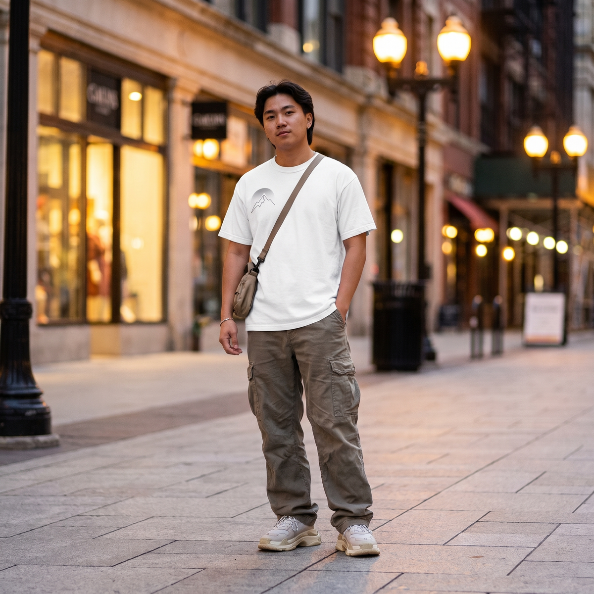Mountain Moon T-Shirt worn on a clean city street at dusk